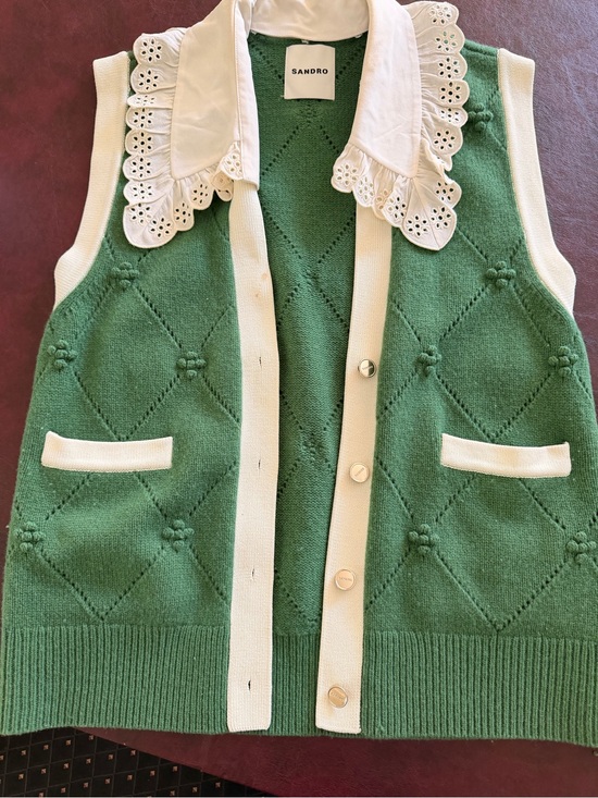 Sandro Jackets & Blazers - Sandro Green Knit Sleeveless Cardigan Vest with Cream Trim and Eyelet Collar